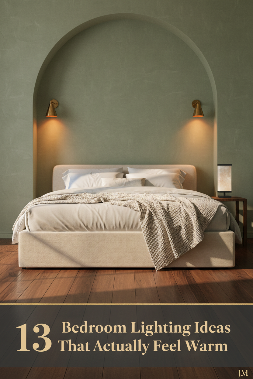 Sage limewash bedroom with arched plaster niche, brass wall sconces casting warm amber glow, walnut floors, ivory linen bedding, boucle throw