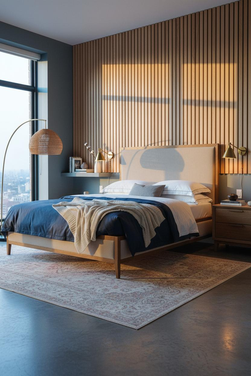 Cozy Bedroom Lighting Wood Headboard