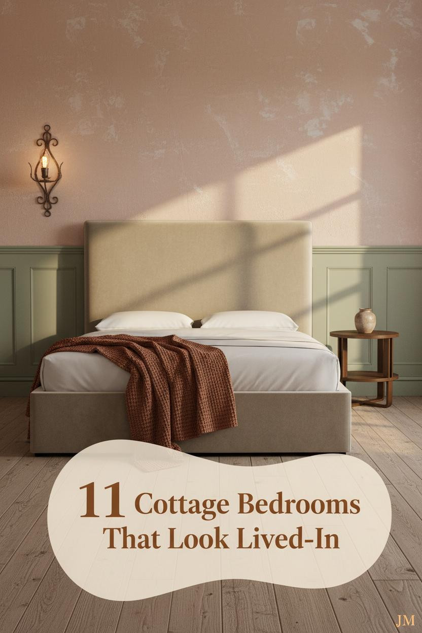 Sage wainscoting and blush plaster walls frame a cozy cottage bedroom with cream linen bedding, rust throw, and warm amber sconce lighting