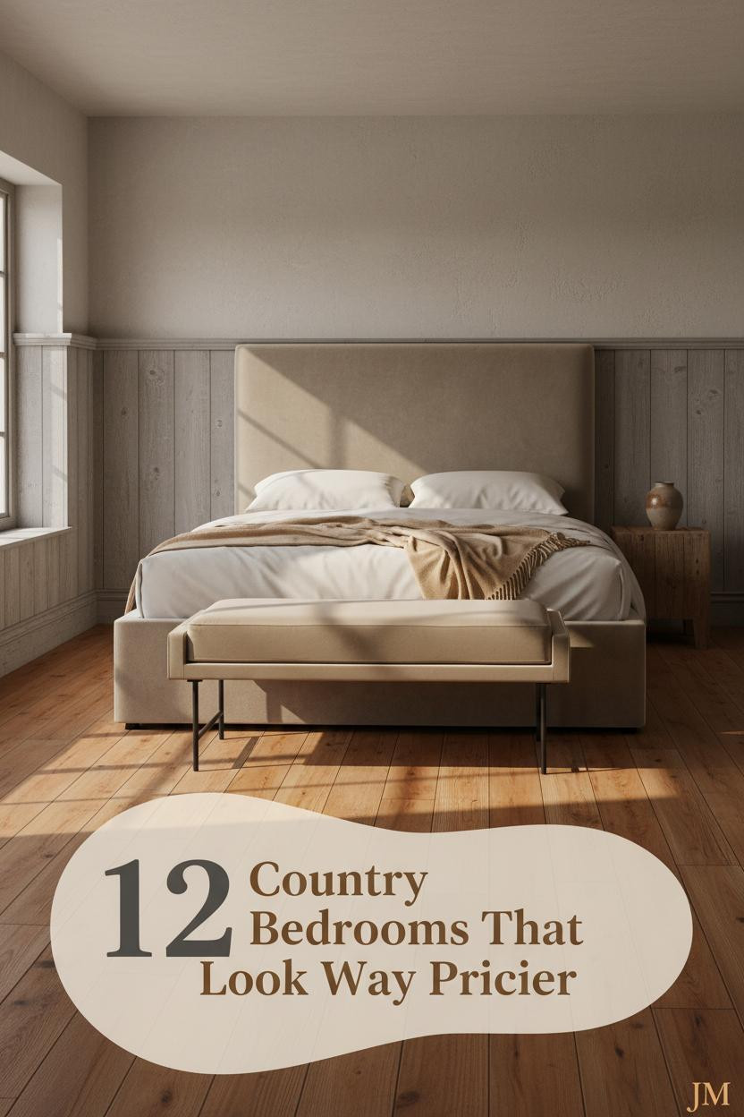 Warm country bedroom with rough-hewn timber wainscoting, limewash plaster walls, cream percale bedding, camel wool throw, and oak floors in amber afternoon light