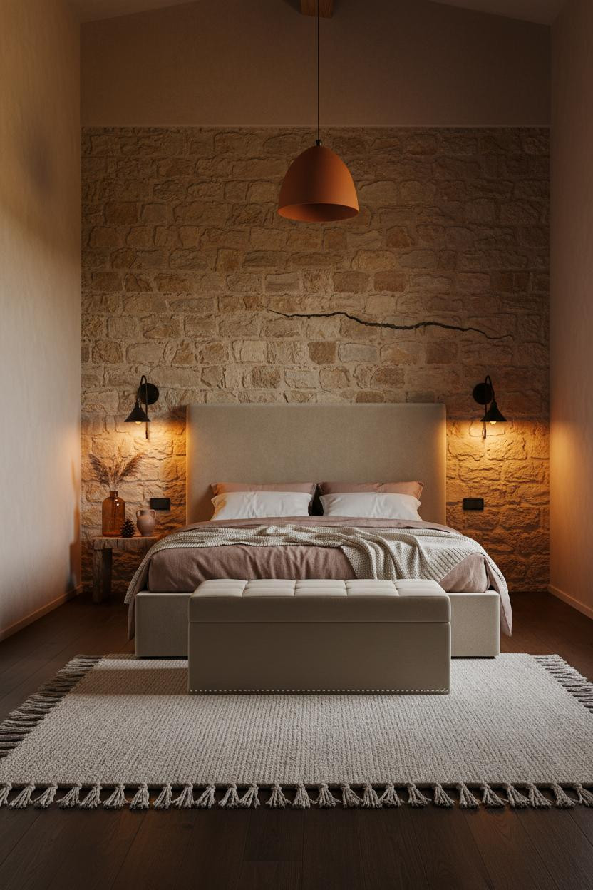 Cozy Country Bedroom Stone Accent Wall