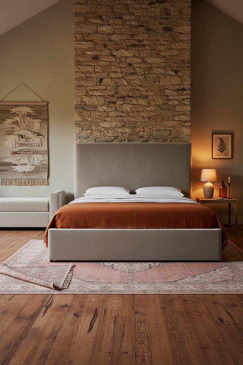 Cozy Country Bedroom Stone Chimney Farmhouse