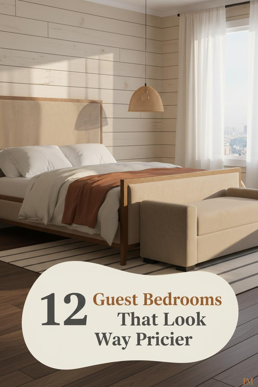 Modern farmhouse guest bedroom with cream tongue-and-groove walls, oatmeal bedding, rust linen throw, rattan pendant lamp, and warm morning light