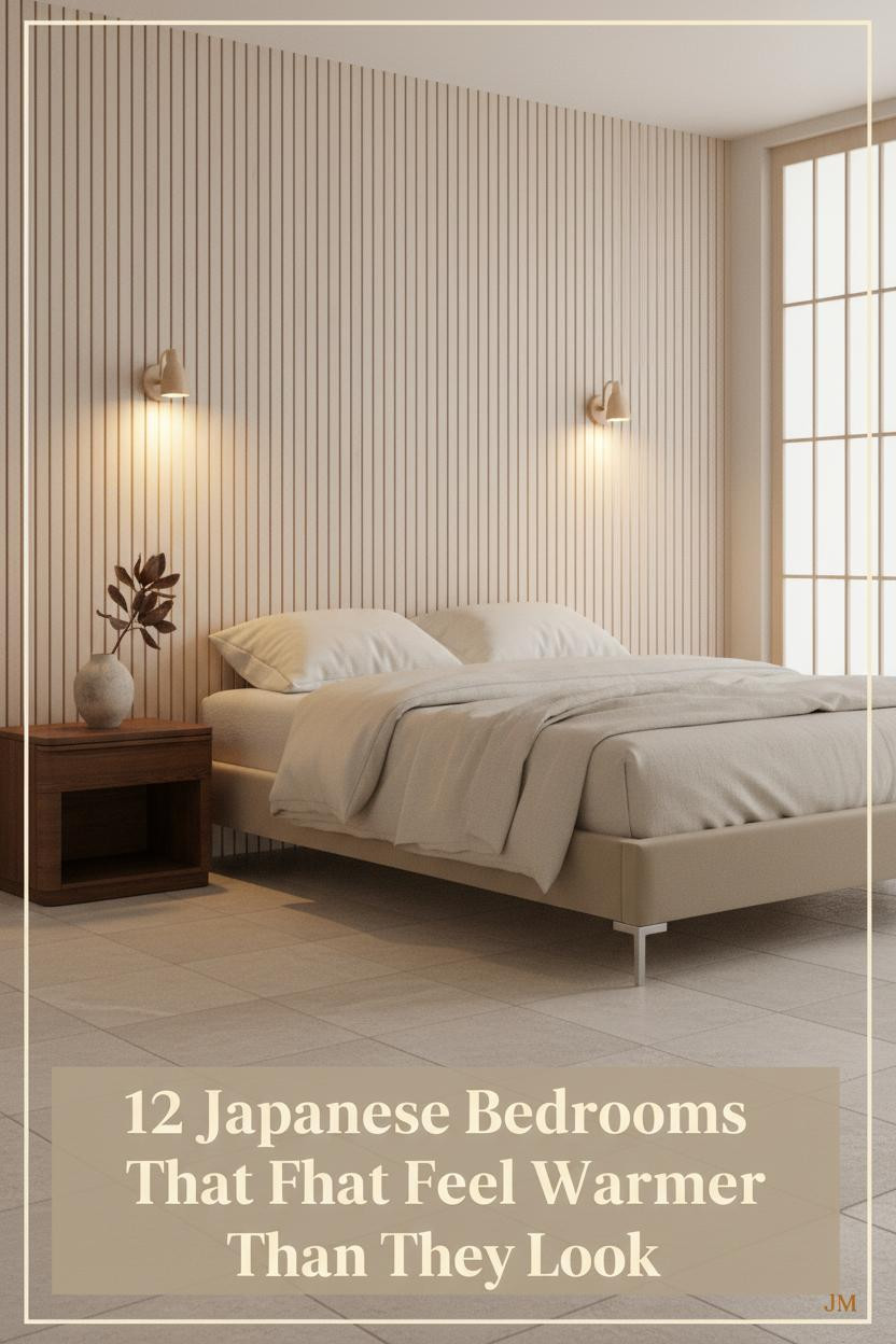 Japanese minimalist bedroom with pale ash fluted wall panels, low platform bed, stone-washed ivory linen, warm amber sconce lighting, clay vase