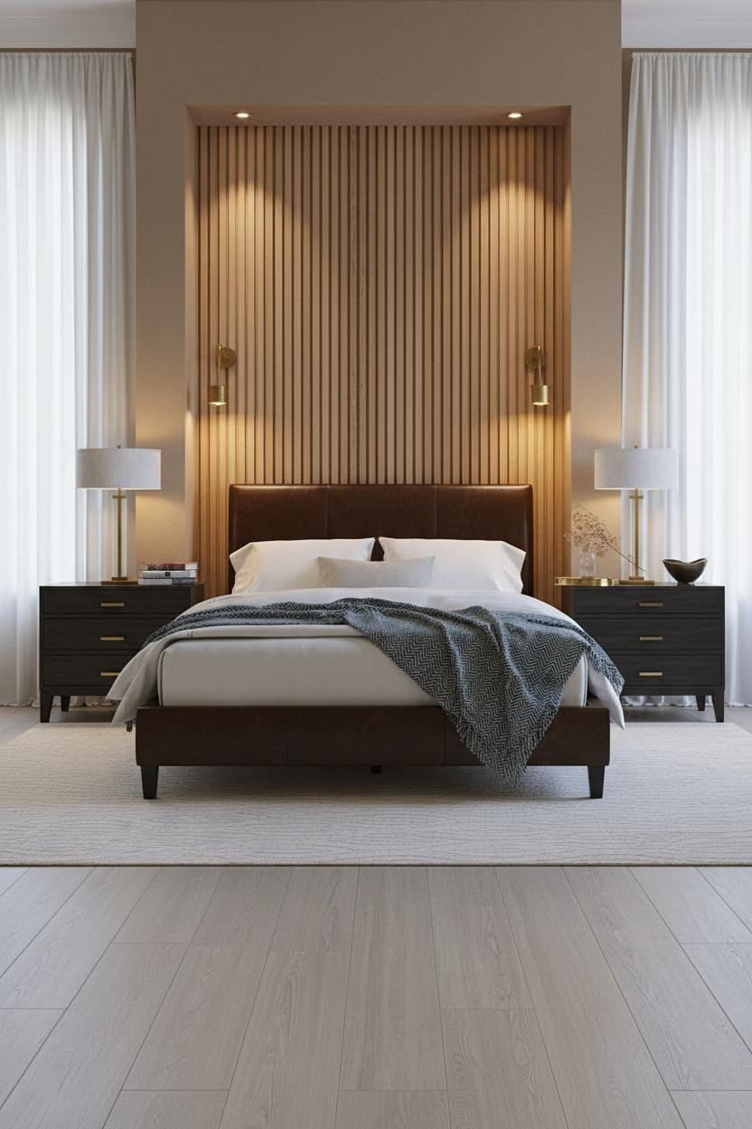 Cozy Luxury Bedroom Oak Headboard Brass