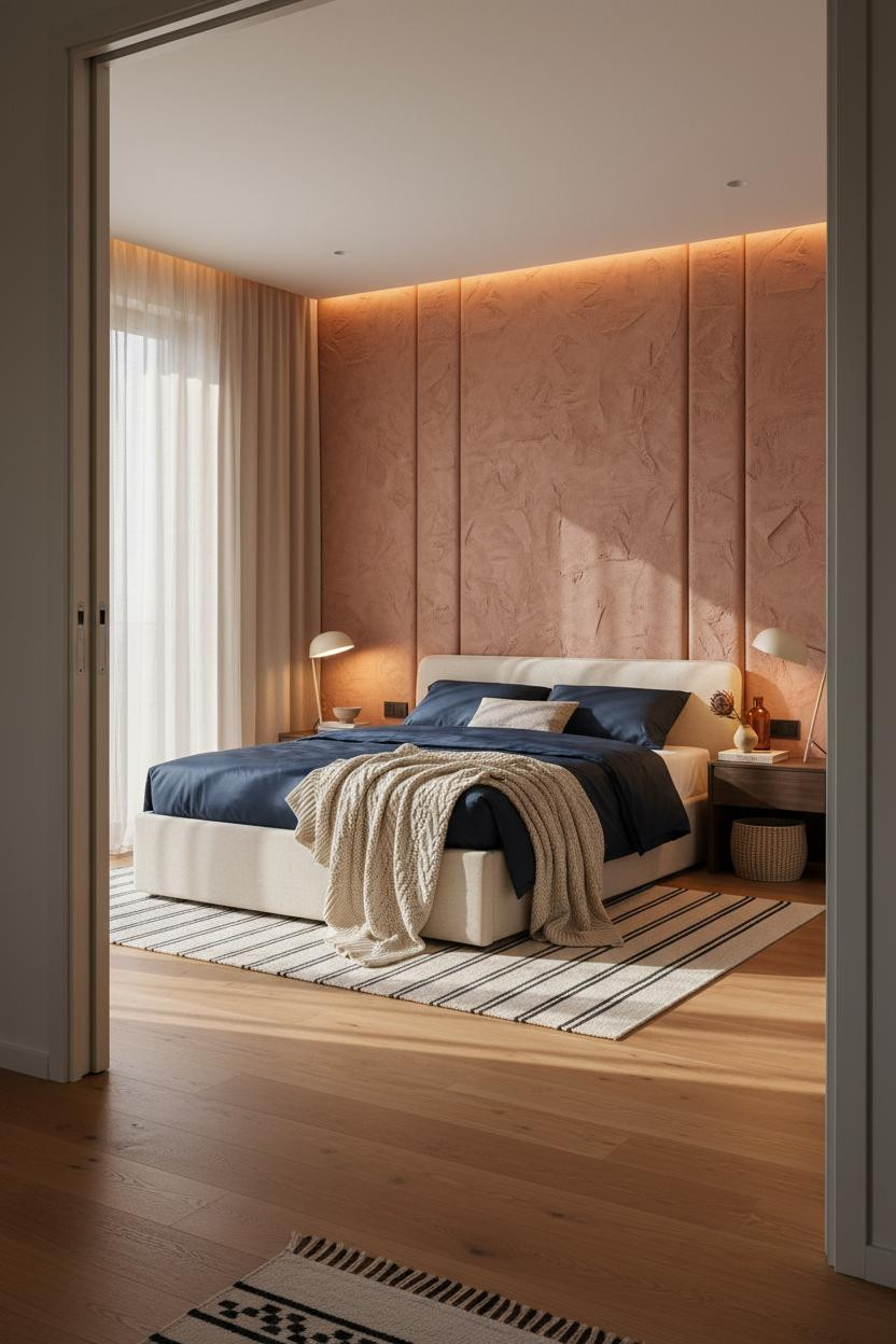 Cozy Luxury Bedroom Warm Plaster and Honey Flooring