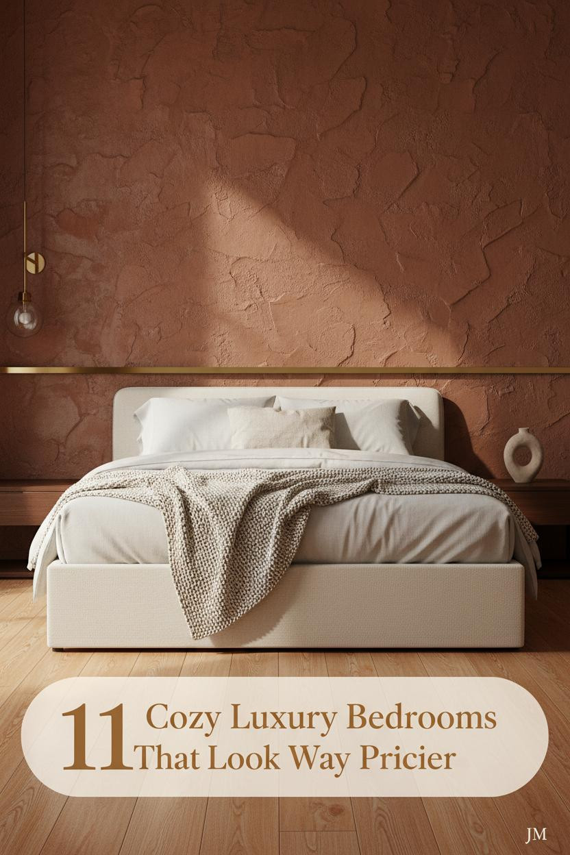 Cozy luxury bedroom with cognac plaster walls, brass sconce lighting, ivory linen bedding, cream throw, and walnut nightstand with raw clay vase
