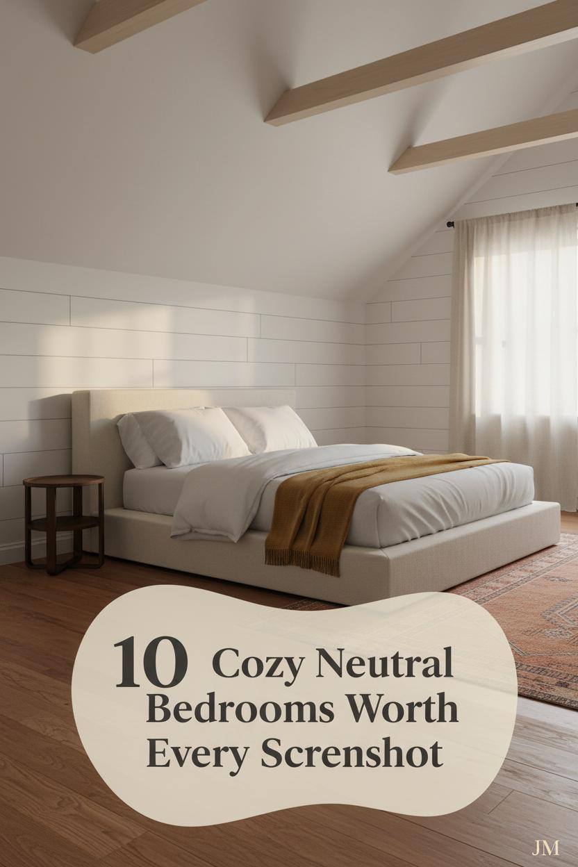 Vaulted attic bedroom with whitewashed walls, pale timber beams, oatmeal linen bedding, mustard wool throw, and terracotta kilim runner in warm afternoon light