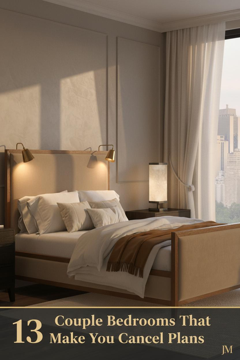 Romantic couple bedroom with warm greige limewash walls, layered neutral bedding, camel throw, brass sconces, and ivory linen curtains in amber light