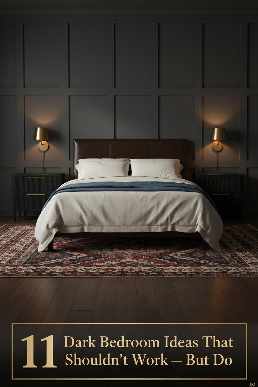 Moody bedroom with charcoal board-and-batten wall, dark walnut flooring, brass sconces, cream linen bedding, and steel-blue throw accent