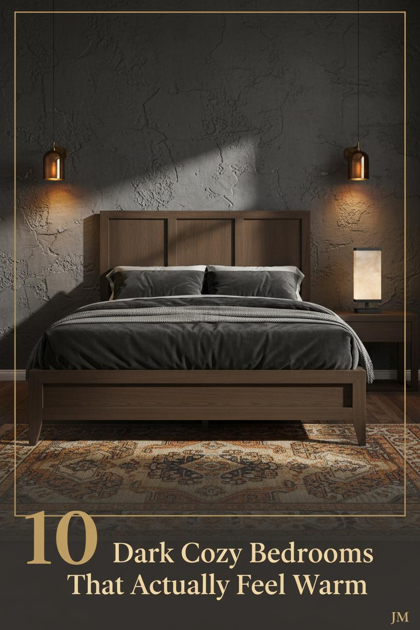 Dark cozy bedroom with charcoal plaster walls, walnut floors, Persian rug, velvet bedding, and brass lamp casting amber light