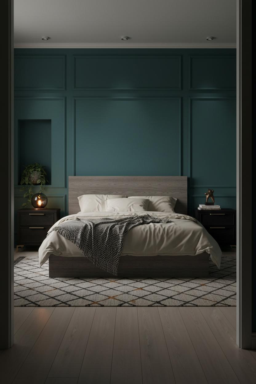 Dark Cozy Bedroom Teal Wainscoting Amber Light