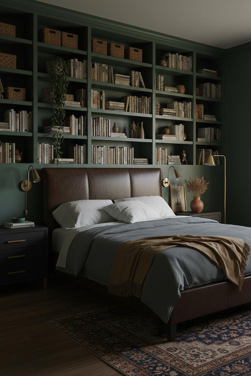 Dark Cozy Bedroom Moody Walnut Shelving Brass