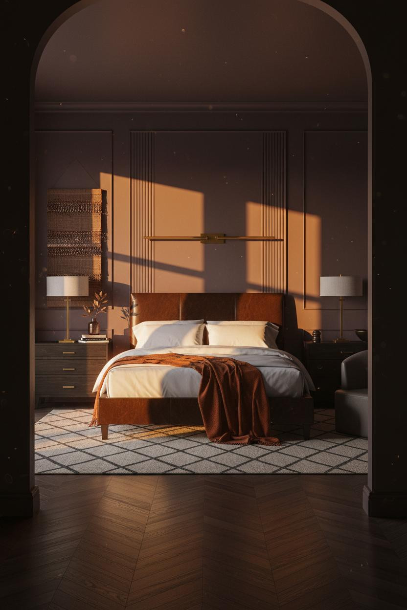 Dark Luxury Bedroom Art Deco Aubergine Brass
