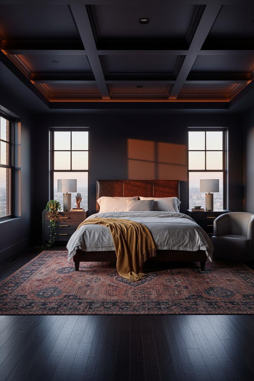 Dark Luxury Bedroom Charcoal Coffered Ceiling