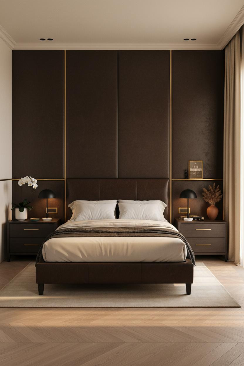 Dark Luxury Bedroom Espresso Leather Gold