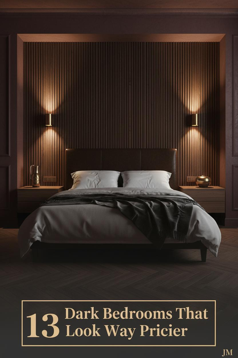 Dark luxury bedroom with fluted walnut headwall, burgundy-plum walls, charcoal velvet bedding, brass sconces, and herringbone parquet floors