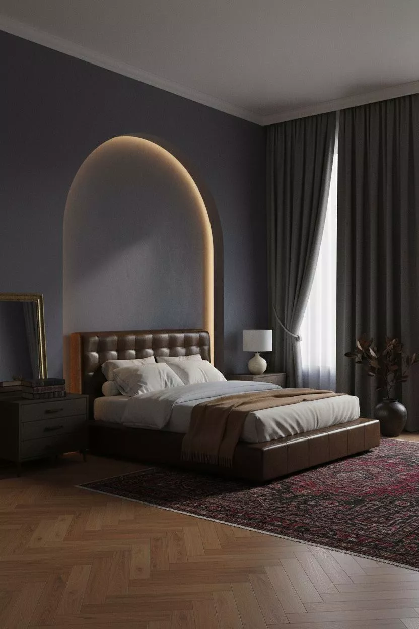 Dark Moody Bedroom Arched Niche Dramatic Architecture