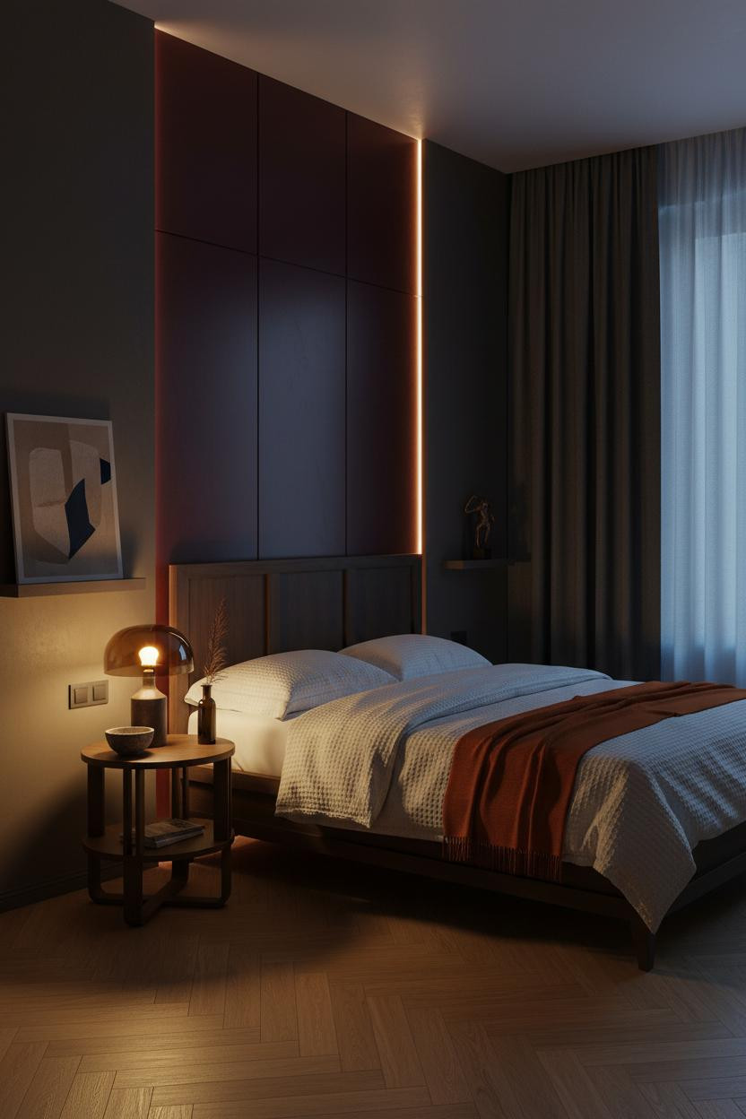 Dark Moody Bedroom Burgundy Backlit Panel