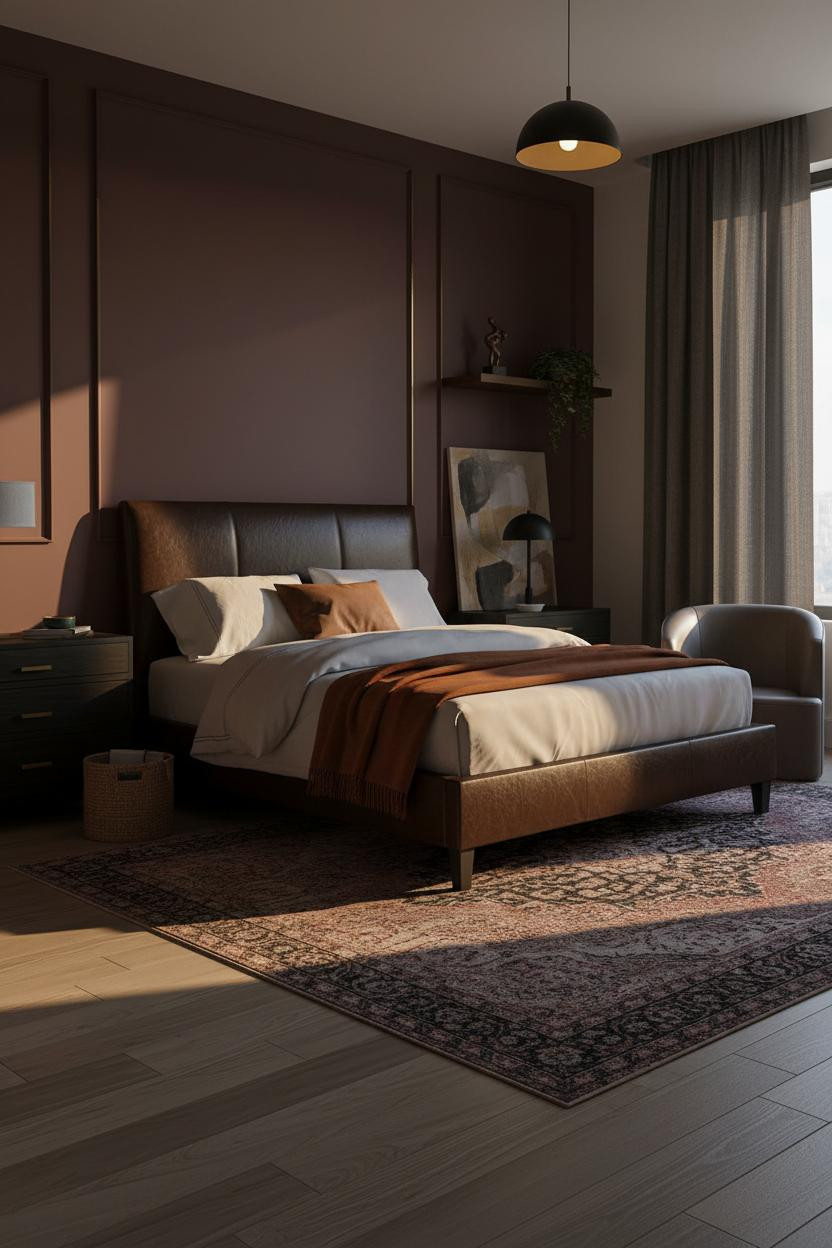 Dark Moody Bedroom Burgundy Board And Batten Walls Golden Light