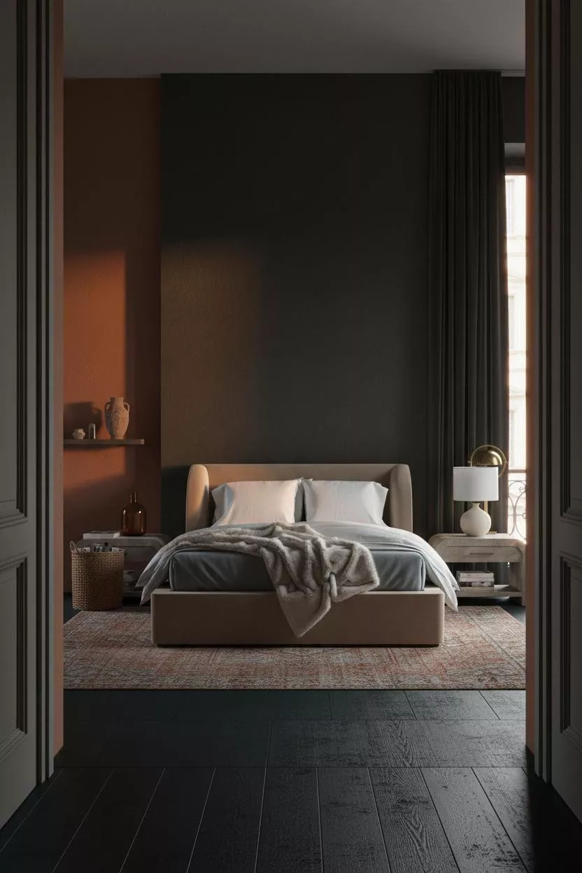 Dark Moody Bedroom Charcoal Plaster Sunset