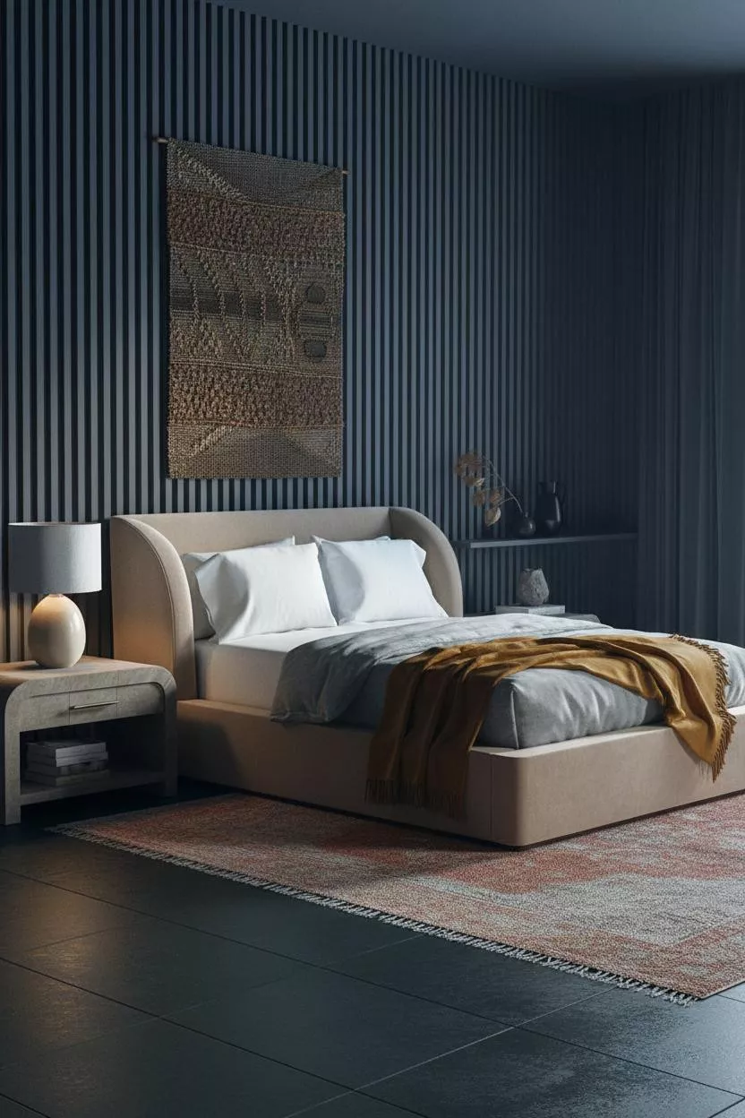 Dark Moody Bedroom Charcoal Plaster Earthy Tones
