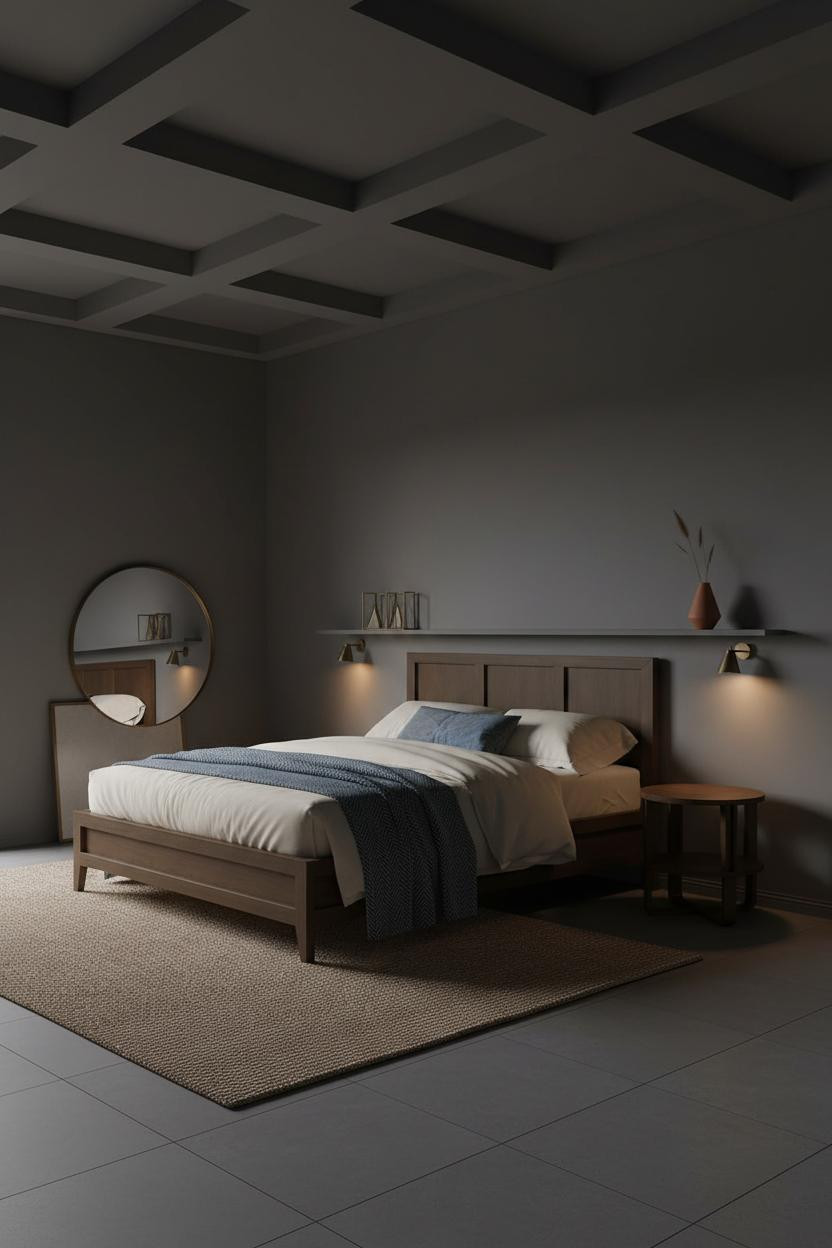 Dark Moody Bedroom Coffered Ceiling Lighting