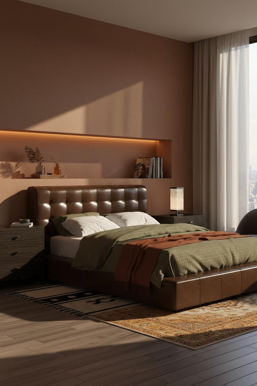 Dark Moody Bedroom Earthy Warm Lighting