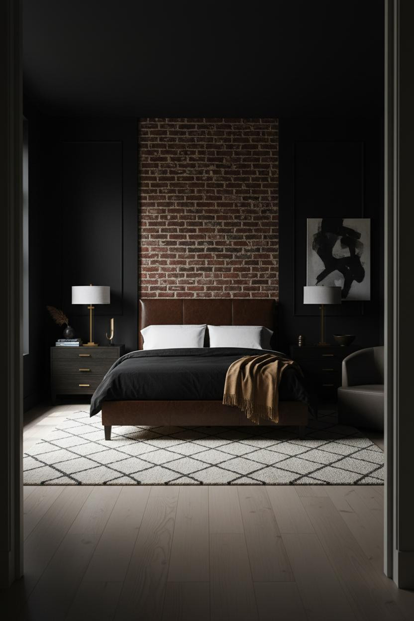 Dark Moody Bedroom Exposed Brick Lamp