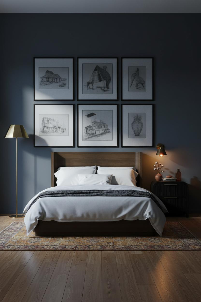 Dark Moody Bedroom Gallery Wall Brass