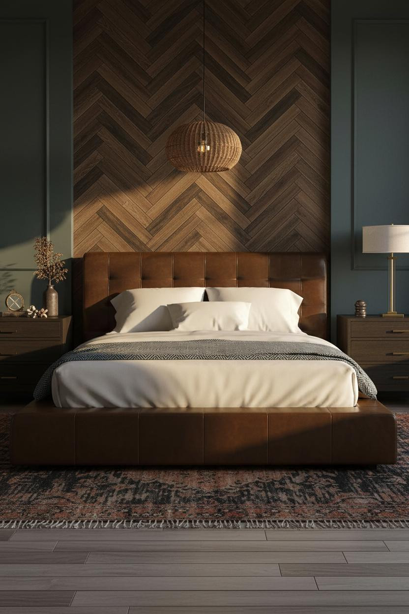 Dark Moody Bedroom Herringbone Accent Wall