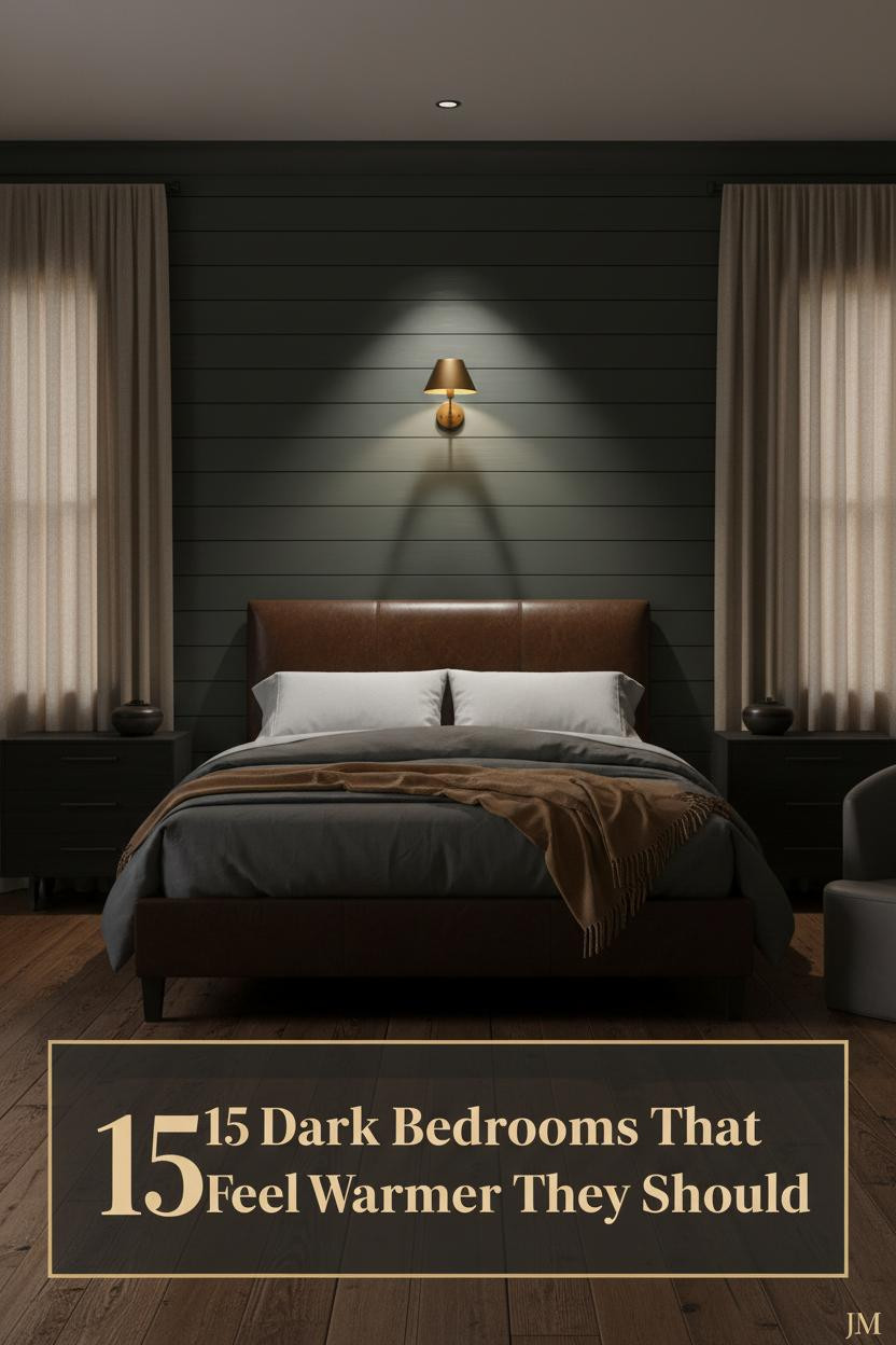 Dark moody bedroom with charcoal shiplap wall, forest green accents, brass sconce glow, linen curtains, and layered camel bedding