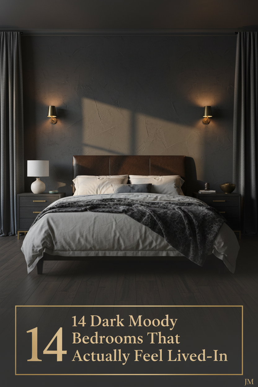 Charcoal plaster bedroom with amber sconce lighting, dark walnut nightstand, layered ivory bedding, faux-fur throw, and blackout linen curtains
