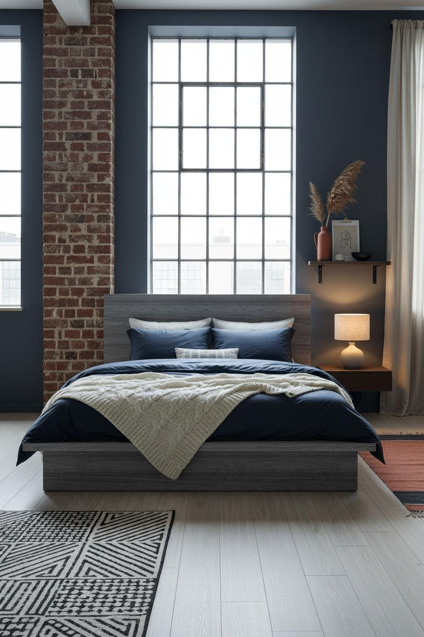 Dark Moody Bedroom Industrial Brick Lighting