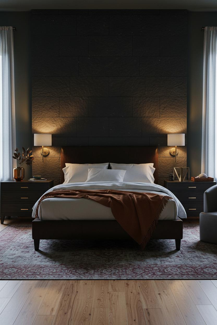 Dark Moody Bedroom Limestone Wall Amber Lighting