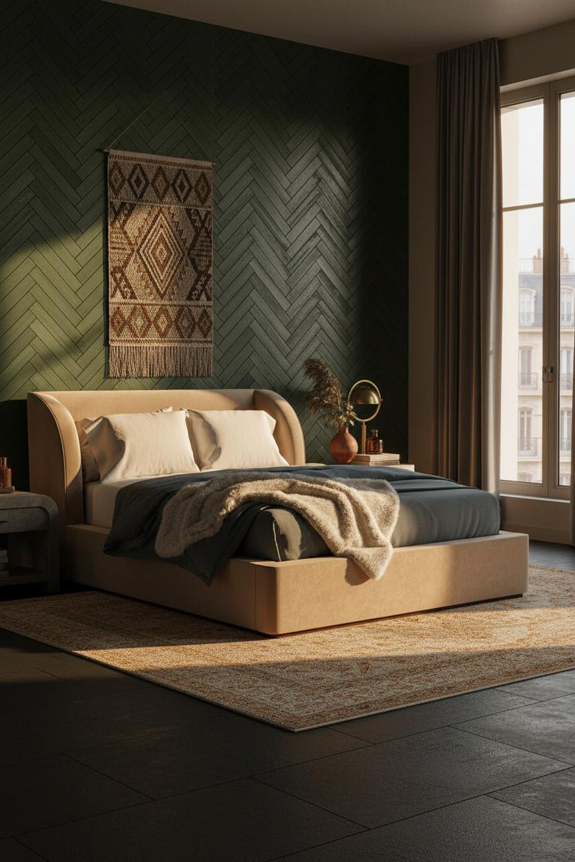 Dark Moody Bedroom Moss Green Herringbone Wall