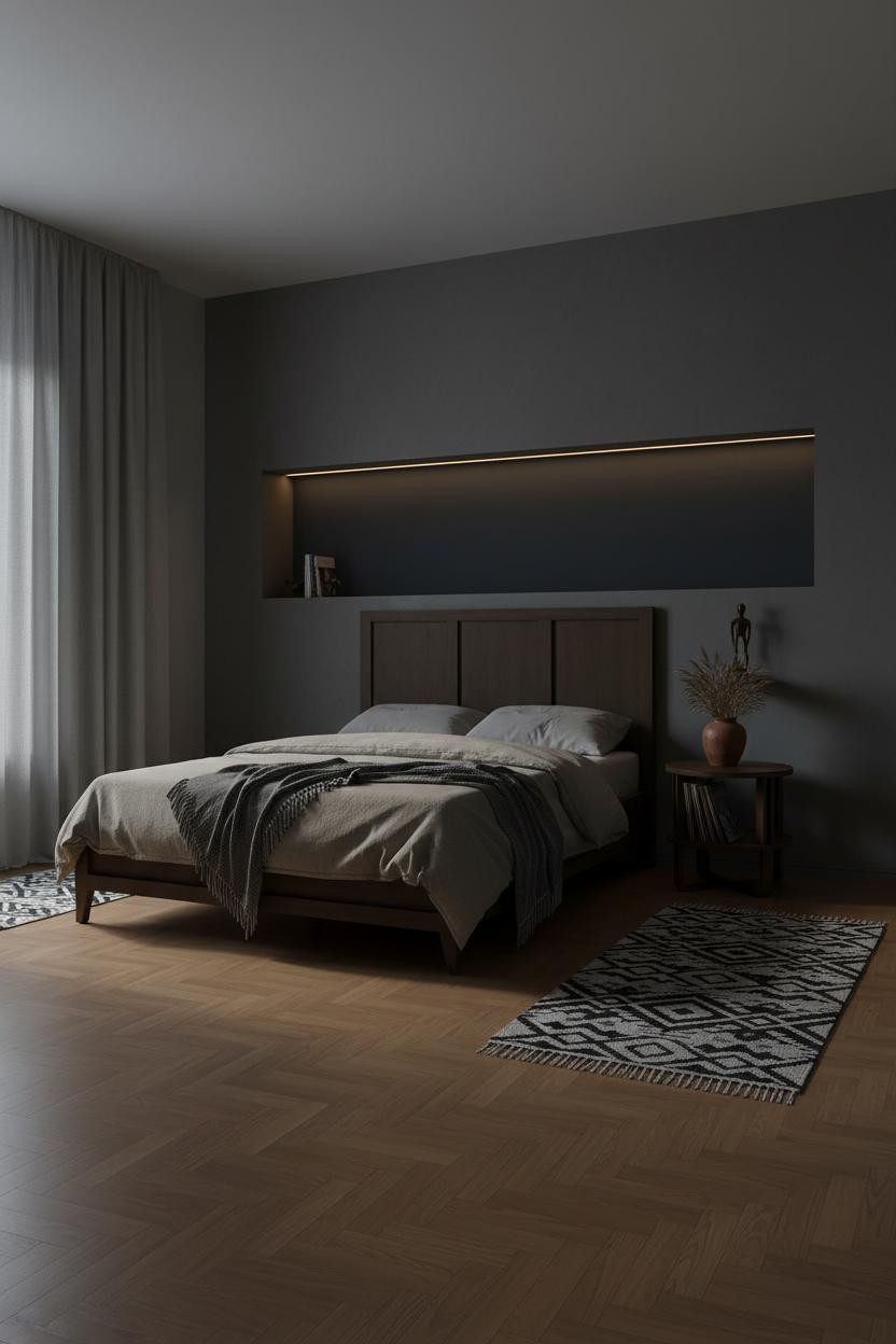 Dark Moody Bedroom Navy LED Lighting