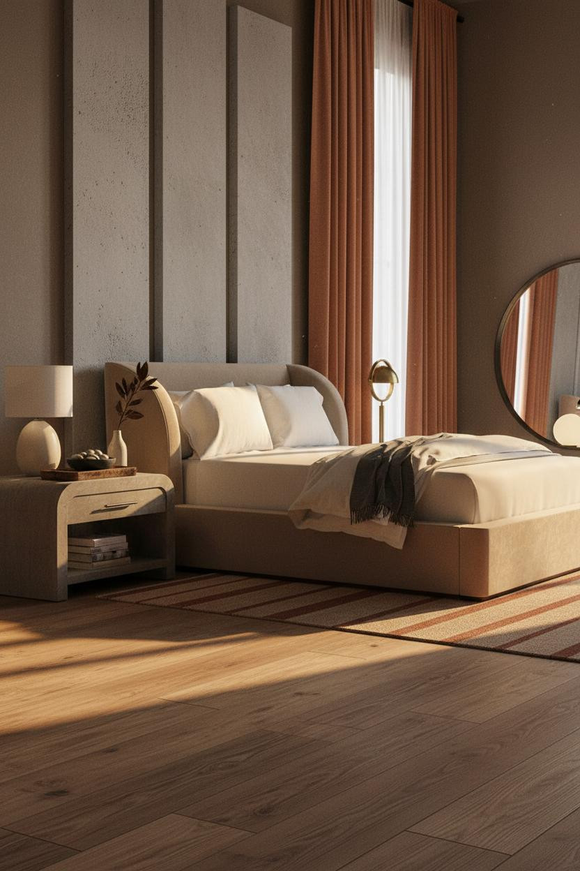 Dark Moody Bedroom Stone Accent Warm Light