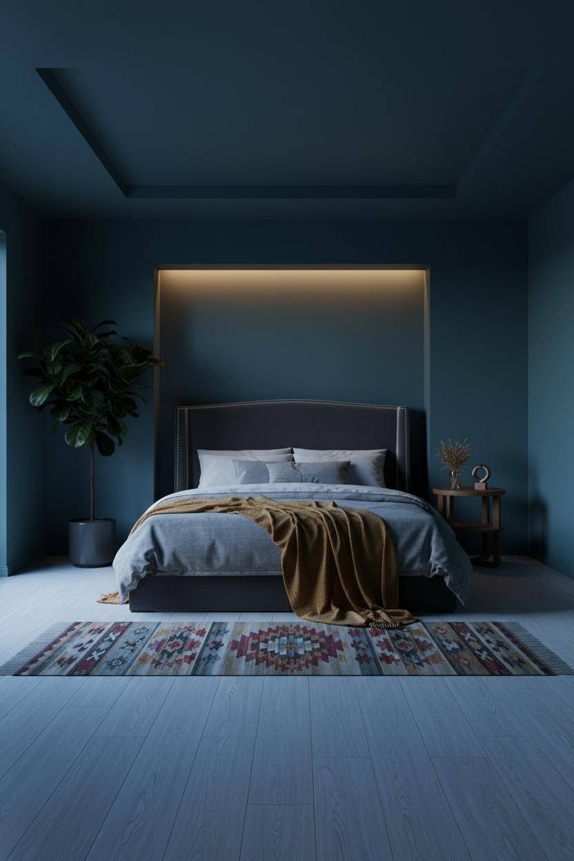 Dark Moody Bedroom Teal Walls Soft Lighting