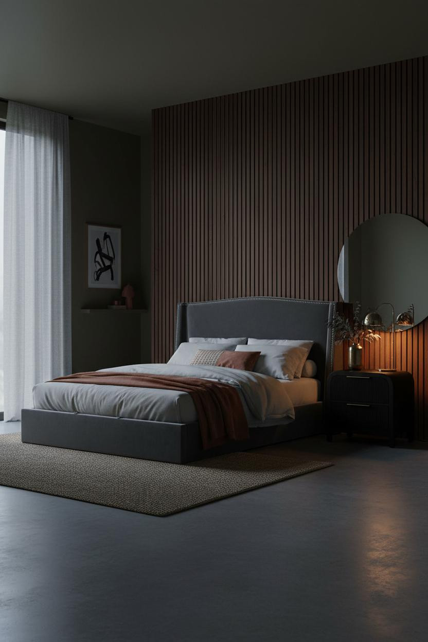 Dark Moody Bedroom Walnut Paneling Amber Light