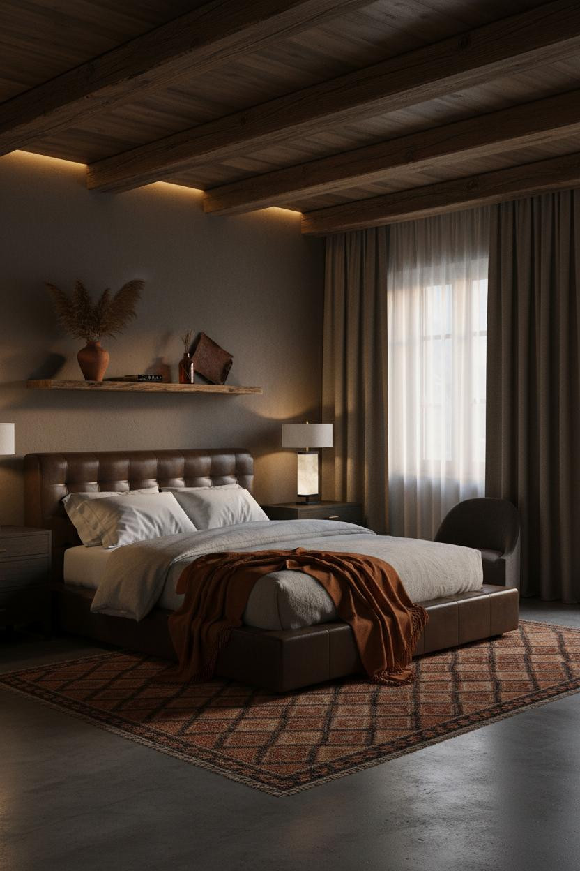 Dark Moody Bedroom Wood Beams Lighting