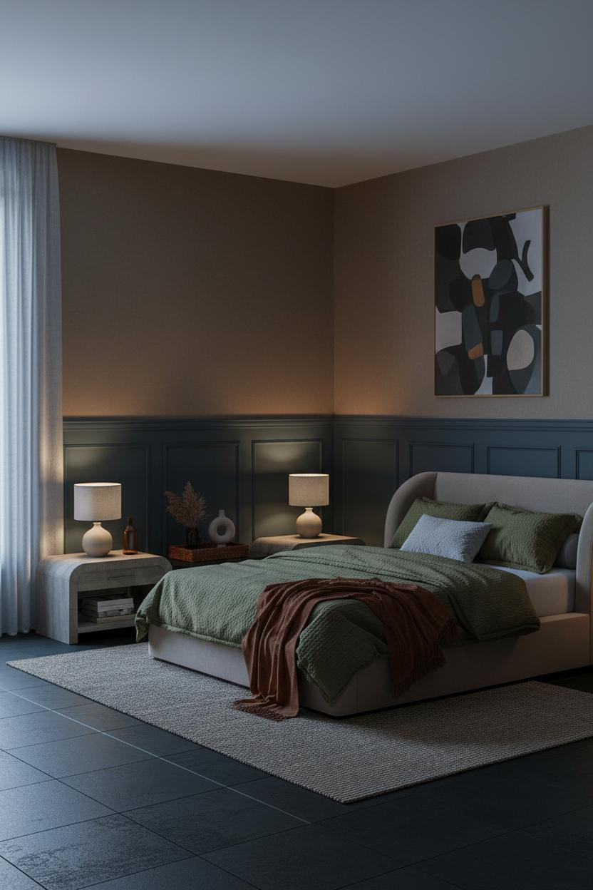 Dark Romantic Bedroom Wainscoting Amber Lighting