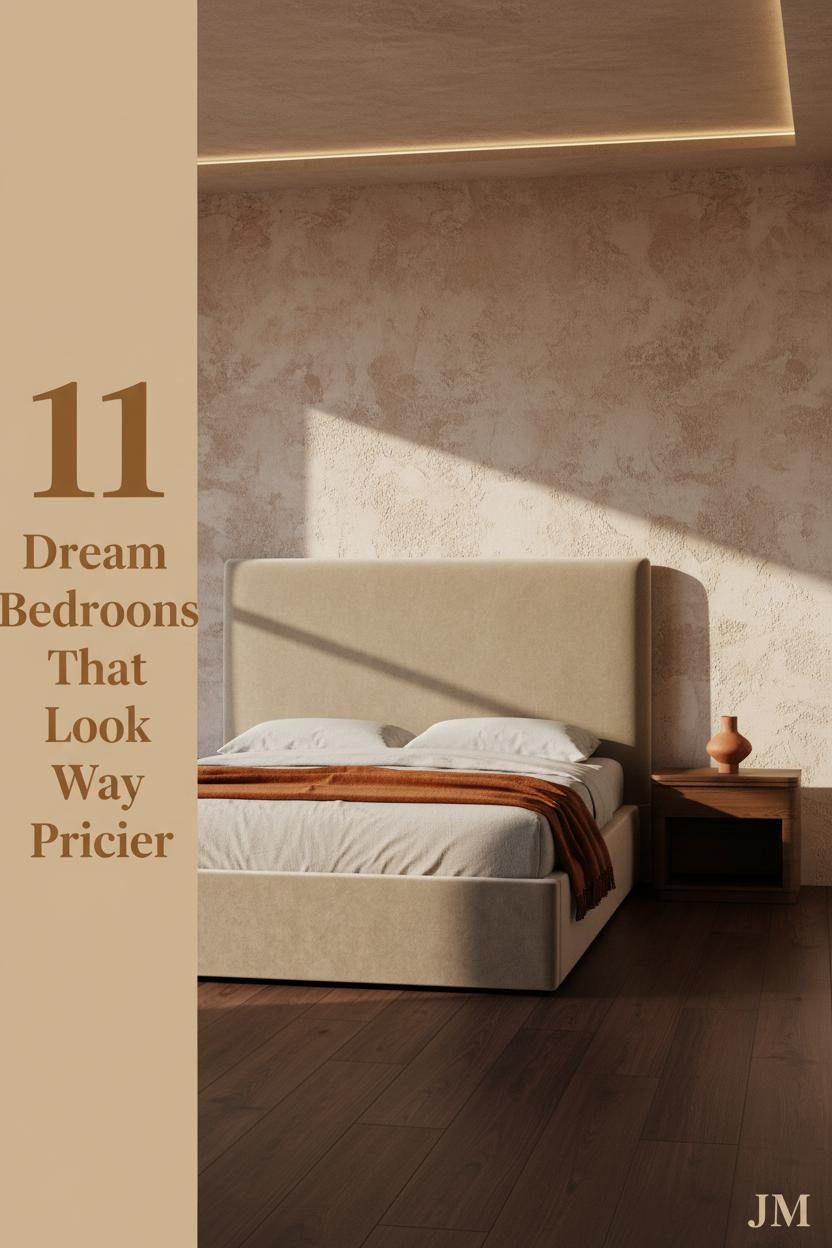 Warm dream bedroom with hand-troweled plaster accent wall, dark walnut floors, oatmeal linen bedding, burnt-orange mohair throw, and soft cove lighting