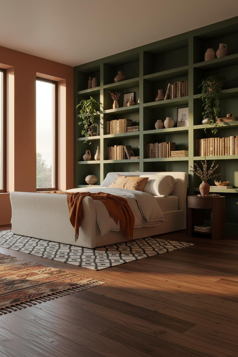 Earth Tone Bedroom Green Forest Shelves