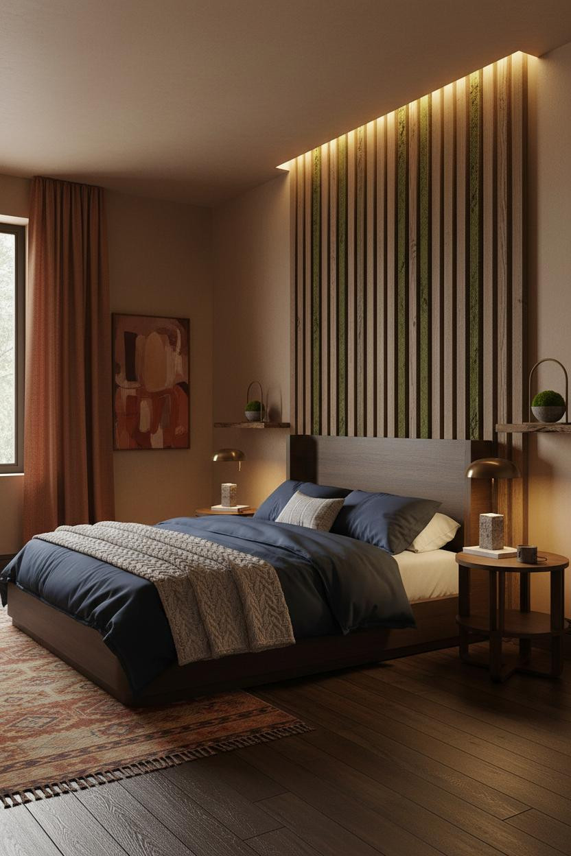 Earth Tone Bedroom Green Timber Wall
