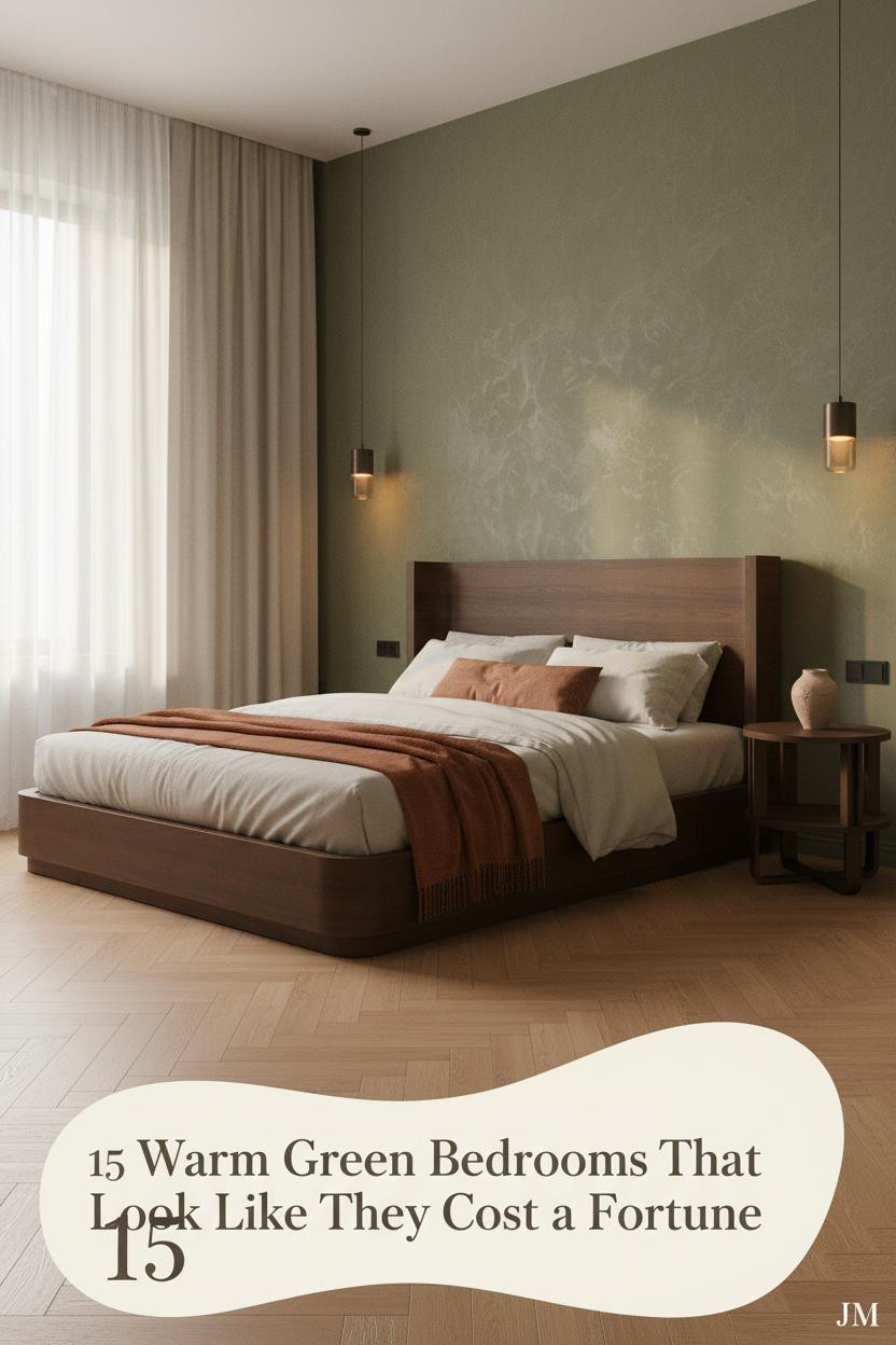 Earth tone bedroom with moss plaster headboard wall, honey oak floors, cream linen bedding, rust wool throw, and warm amber sconce lighting