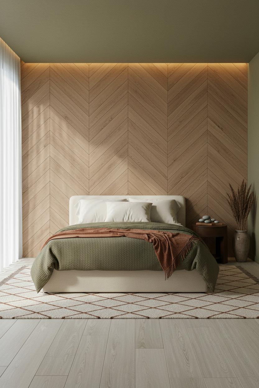 Earth Tone Green Bedroom Herringbone Olive