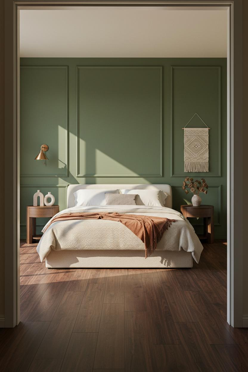 Earth Tone Green Bedroom Japandi Design