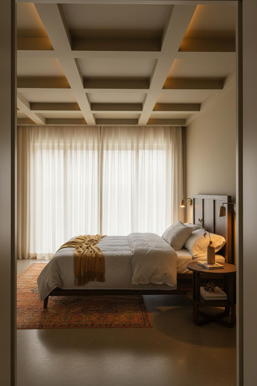 Earth Tone Green Bedroom Khaki Coffered Ceiling