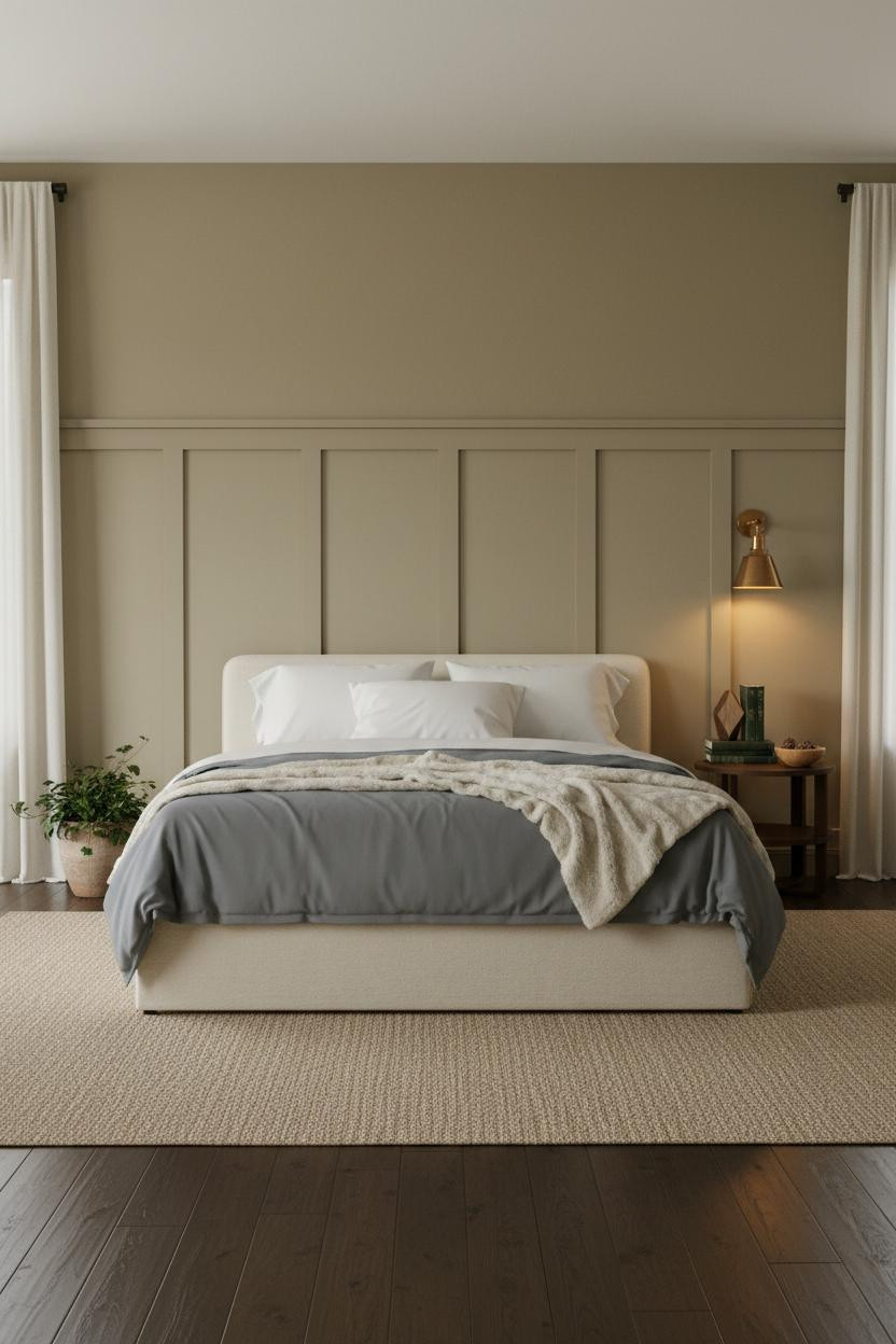 Earth Tone Green Bedroom Wainscoting Natural Light